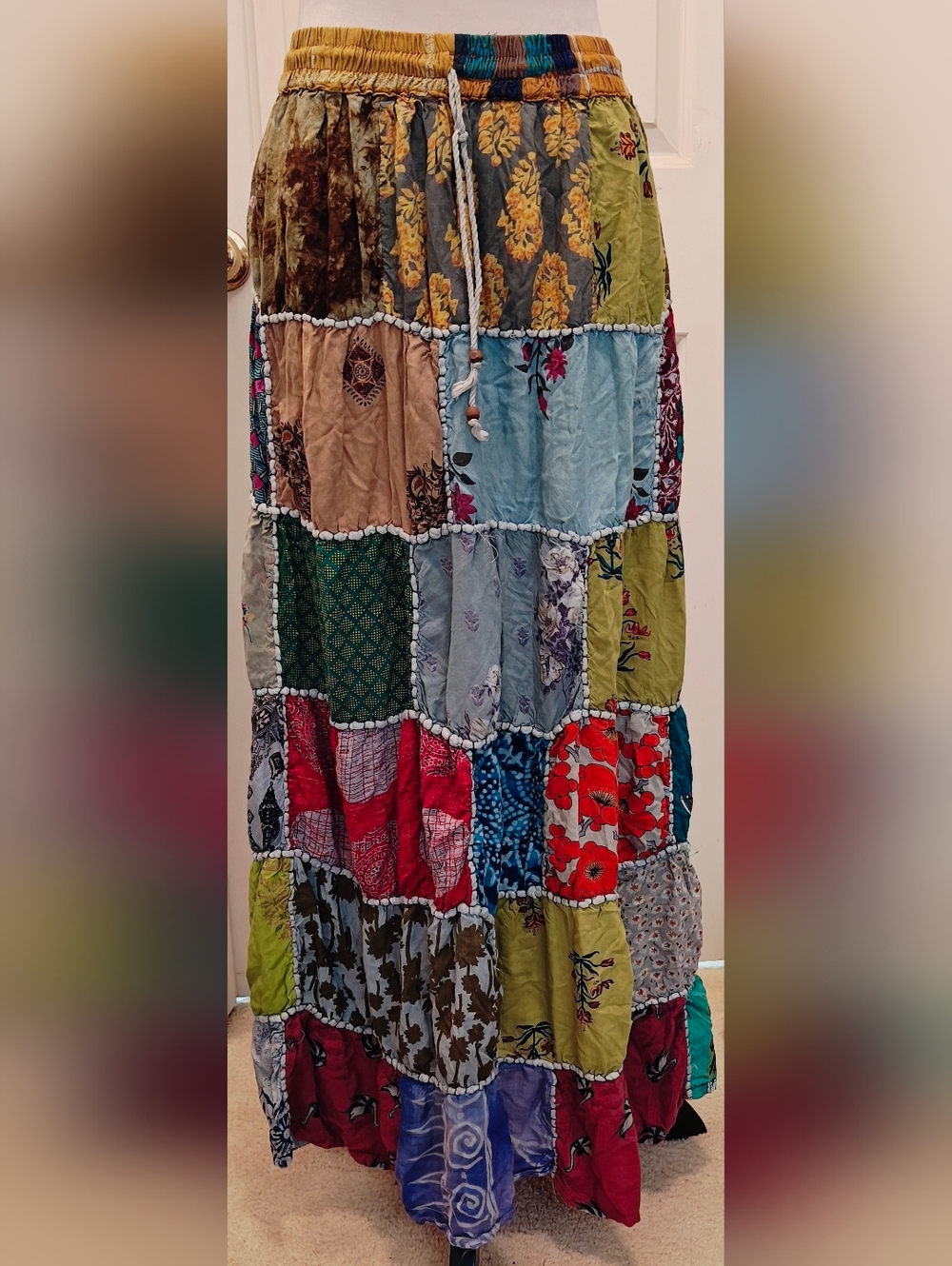 Vtg Plus Size Ana & Kate Patchwork Boho Maxi Skirt w Beaded Waist Drawing